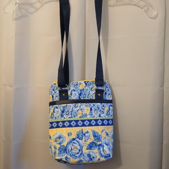 New Pleather trim Roses Crossbody Bag Purse Blue Yellow Zip Sling Travel bag - Picture 8 of 12
